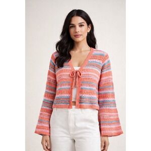 Ramy Brook Crochet Knit Cropped Cardigan Med Pink Coral Striped Flare Sleeve NWT